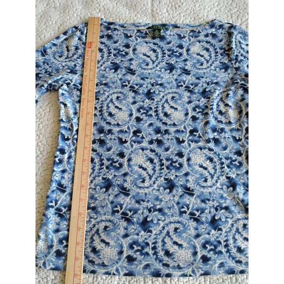 Lauren Ralph Lauren Women's Shirt M Blue/White Paisley Rolled Sleeve Boat Neck - Picture 12 of 14
